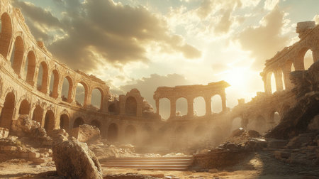 The ruins of a coliseum on a warm day, with sunlight streaming through its arches and clouds rolling in the sky, creating an epic historical sceneの素材
