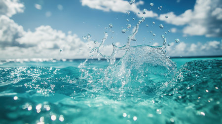 A dynamic splash of water with bubbles rising through a clear blue ocean background, representing freshness, cleanliness, and purityの素材