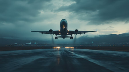 A dramatic shot of an airplane lifting off from the airport runway, capturing the thrilling moment of takeoff with the horizon in the backgroundの素材