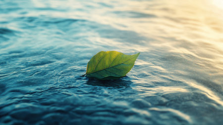 A lone leaf resting on the smooth surface of the ocean, with the gentle ripple of water creating a serene and tranquil nature sceneの素材
