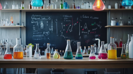 Chemistry classroom setup with a teacher's desk covered in lab equipment, a formula-filled blackboard, and shelves holding bottles of colorful chemicals for science educationの素材