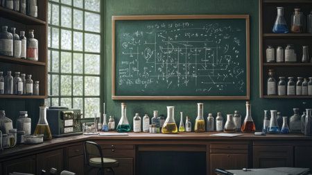 Classroom scene featuring a chemistry teacher's desk surrounded by lab gear, with a blackboard full of chemical equations and bottles of chemicals on the shelvesの素材