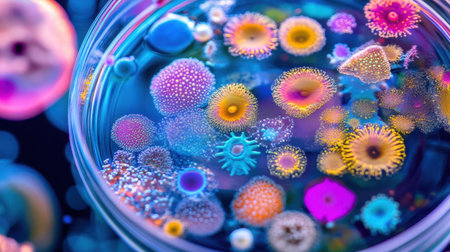 Colorful microorganisms like bacteria, fungi, and protozoa inside a petri dish, zoomed in super macro to reveal intricate patterns in a lab research settingの素材