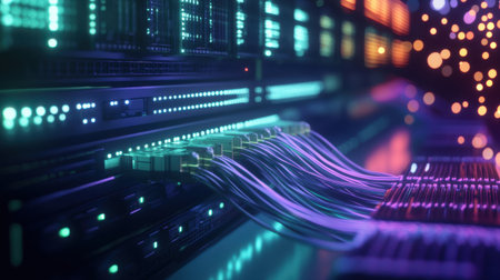 Fiber optic cables plugged into high-tech server racks, representing data transfer, network connections, and cutting-edge PC technologyの素材