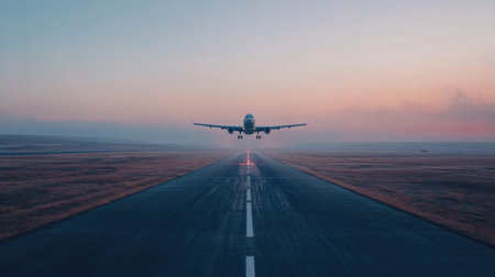 The powerful moment of an airplane taking off from the runway, with the vast horizon ahead, representing travel, adventure, and freedomの素材