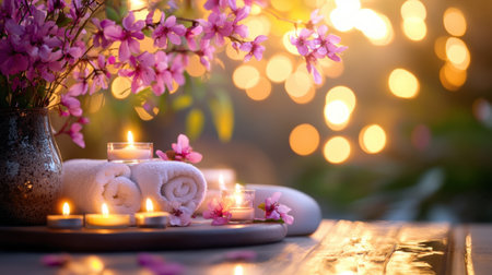 Serene spa setting with a massage table, candles, and beauty treatments, offering a calming, luxurious atmosphere for wellness and relaxationの素材