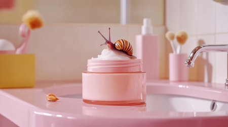 A jar of face cream with a snail on top, set in a bright bathroom environment, symbolizing contamination in beauty and skincare products.の素材