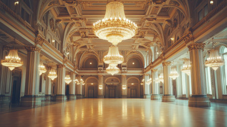 A magnificent ballroom featuring exquisite crystal chandeliers and vintage decor, capturing the opulence of a bygone era.の素材