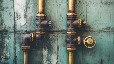 A retro steampunk setup featuring aged metal pipes and brass fittings, perfect for a vintage industrial background.の素材