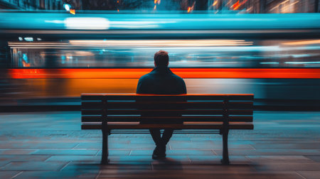 A man sits quietly on a city bench while the world moves around him in a blur, creating a feeling of loneliness in a bustling urban environment.の素材