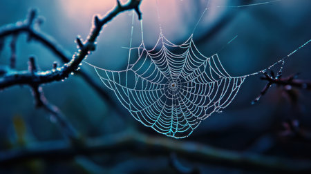 A mesmerizing close-up of dew-covered spider web, capturing nature's intricate beauty and detail in a unique and enchanting banner design.の素材