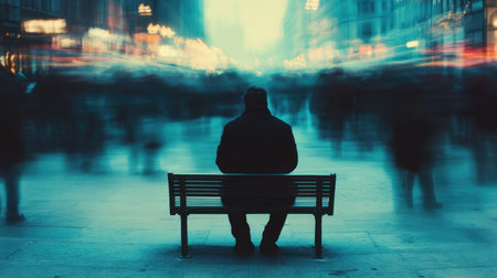A solitary man sits on a bench in the middle of a bustling, blurred city, capturing a moment of loneliness and reflectionの素材