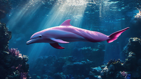 A rare pink dolphin swims gracefully through the ocean, its unique color creating a captivating and magical scene in the waterの素材