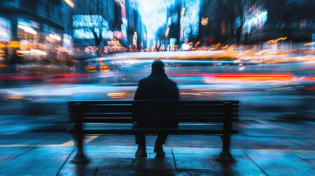 A man sits quietly on a city bench while the world moves around him in a blur, creating a feeling of loneliness in a bustling urban environment.の素材
