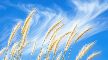 A serene close-up view of golden wheat stalks swaying in the breeze under a bright blue sky. The scene captures the essence of countryside agriculture.の素材