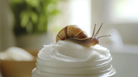 A snail moving across a jar of facial cream in a bright bathroom, visually representing contamination in skincare products.の素材
