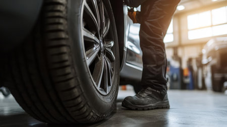 A technician is replacing a summer tire with a winter tire in a repair service garage, ensuring vehicle safety for a road trip. Transportation and maintenance concept.の素材