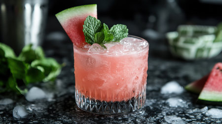 A vibrant summer cocktail with a garnish of watermelon and mint, capturing the essence of a tropical island escape, perfect for beach vibesの素材