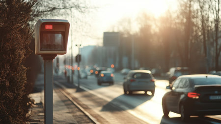 A speed camera stands beside a busy road, capturing vehicles as they pass, emphasizing traffic monitoring and safetyの素材