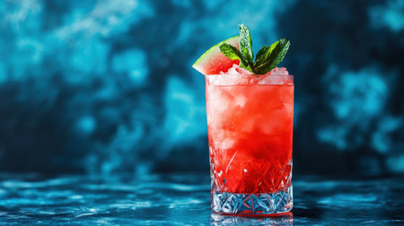 A vibrant summer cocktail with a garnish of watermelon and mint, capturing the essence of a tropical island escape, perfect for beach vibesの素材