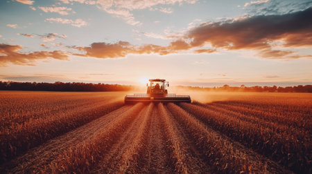 Combine harvester harvesting soybeans in the fall season, against a beautiful sunset sky, showcasing the farm in full operationの素材
