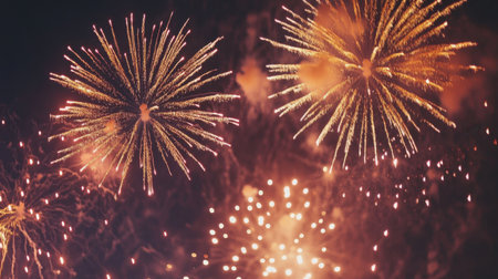 A dazzling array of fireworks lighting up the night sky, perfect for holiday celebrations or festive events.の素材