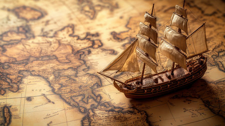 An antique model of a sailing ship placed on an old world map, evoking a sense of discovery and exploration.の素材