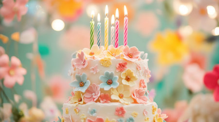 A whimsical birthday cake covered in fondant and icing flowers, topped with candles, against a bright and festive party backdrop.の素材