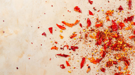 Chili peppers scattered with chili flakes on a light textured surface, representing spicy ingredients and flavor.の素材