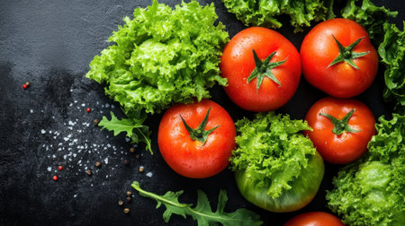 Tomatoes and lettuce arranged on a dark rustic background. Concept of healthy eating and organic freshness.の素材