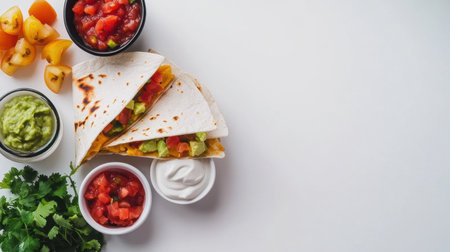 A perfectly grilled quesadilla with melted cheese stretching, served with salsa, guacamole, and sour cream on the side, against a white backgroundの素材