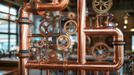 A complex network of vintage copper pipes, gears, and valves in a steampunk style, exuding a sense of retro industrial elegance.の素材
