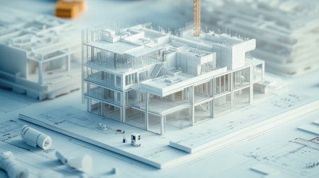 Digital construction model, blueprints displayed next to 3D structures, BIM technology in action, on white backdropの素材