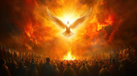Digital art of Pentecost with a bright fire lighting the scene and a dove symbolizing the Holy Spirit, descending toward the gathered followersの素材