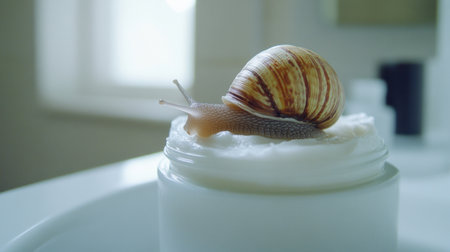 A snail slowly crawling on a jar of face cream in a bright, blurry bathroom setting, highlighting the concept of beauty product contamination.の素材