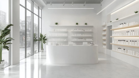 Clean wall mockup centered in a beauty store, flanked by shelves, offering a bright space for product display or advertisementsの素材