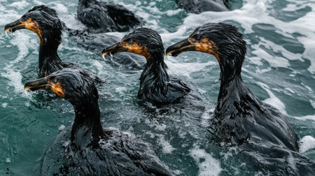 Thick black oil floating on ocean water, with seabirds covered in oil struggling to survive, highlighting the impact of oil spills on wildlifeの素材