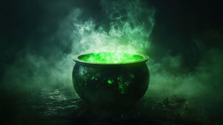 Cauldron of green glowing potion, shrouded in fog, with an ominous dark backdrop adding a sense of magic.の素材