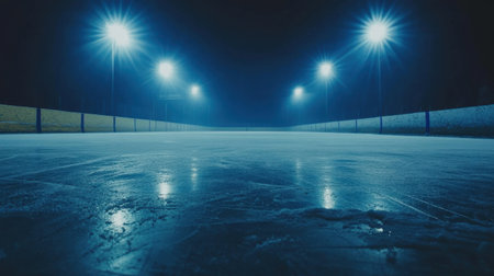 Empty ice hockey rink under stadium lights, the pristine ice surface gleaming under the bright lights, creating a cold, crisp atmosphereの素材