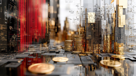 Hyper-realistic depiction of macroeconomic policies with fiscal stimulus and central bank strategies, abstract graphs and data surrounding financial conceptsの素材