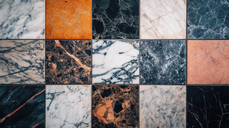 Marble tiles in varying colors and patterns, each polished to perfection, emphasizing their unique textures.の素材