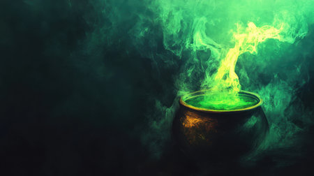 Glowing green potion in a cauldron, with a dark, eerie fog surrounding it, creating a mystical atmosphere.の素材