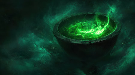 Spooky cauldron with green liquid glowing from within, surrounded by swirling fog and darkness.の素材
