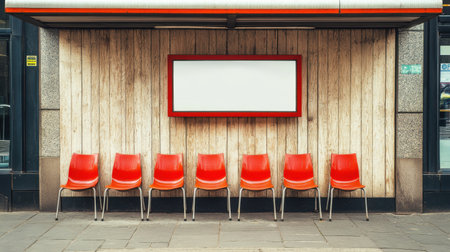 Red bus stop chairs in front of a simple wooden wall, with an empty sign, waiting for commutersの素材