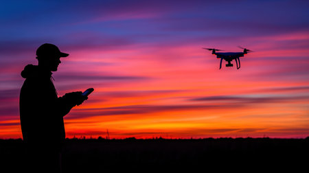 Silhouette of a man flying a drone against the backdrop of a colorful sunset skyの素材