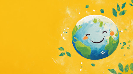 World Environment Day banner featuring a smiling Earth, set against a vibrant yellow background, highlighting nature and sustainabilityの素材