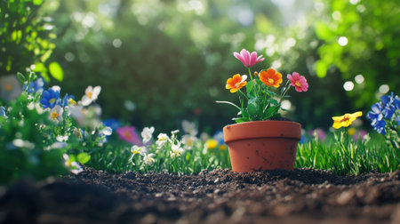 Bright spring day potting up colorful flowers in the garden, surrounded by lush greenery and fresh soilの素材