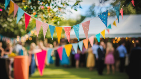 Colorful flags fluttering in the breeze, creating a festive atmosphere for an outdoor party, with a blurry background of happy guests.の素材