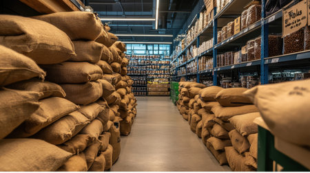 Coffee bean bags arranged in rows in a supermarket, showcasing a variety of roasts and blends in an earthy, inviting setup.の素材