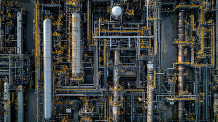 Large pipelines and refinery equipment, arranged in an intricate web of machinery against a bright industrial backdrop.の素材